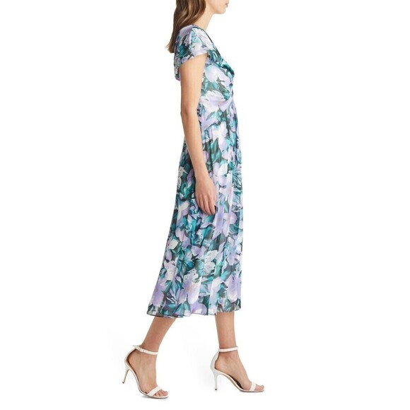 Tadashi Shoji Edith Printed Floral A-Line Dress Tea Midi Length Lilac NWT Size 8 - Picture 3 of 14